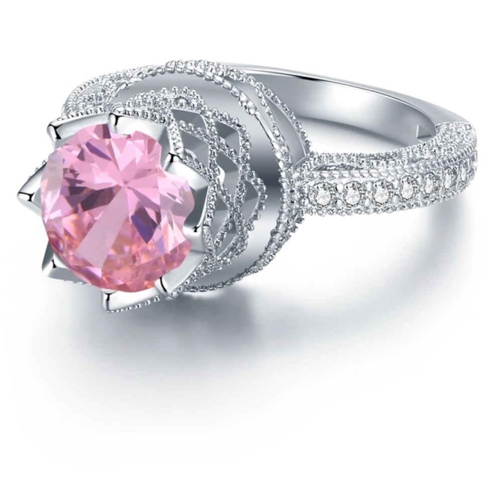 Pink CZ Crystals Sterling Silver Plated Ring New 7